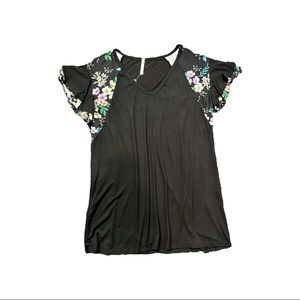 V Neck With Floral Sleeves - Black